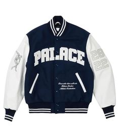 Palace Clothing, White Varsity Jacket, Varsity Jacket Men, Canvas Jacket, Corduroy Blazer, Hot Sneakers, Leather Sleeve, Blue Jacket, Tshirt Logo