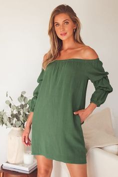 Dresses for Women | Best Women's Dresses Online Off The Shoulder Dress Short, Dress Advertisement, Green Off The Shoulder Dress, White Off Shoulder Dress, Olive Green Dresses, Empire Waist Dress, Lightweight Dress, Puff Sleeve Dresses, Short Sleeve Mini Dress