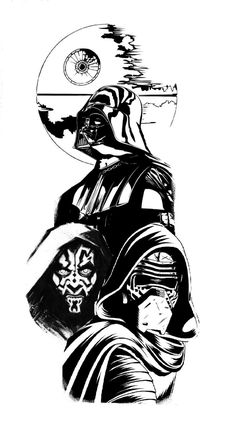 a black and white drawing of darth vader with the sun in the background