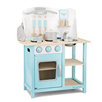 a blue and white wooden play kitchen set