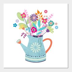 a blue watering can filled with colorful flowers