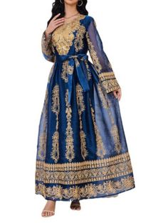 Women Elegant Dresses, Stylish Embroidered Floral Round Neck Long Hem Robe Dress Traditional Embroidered Dress For Banquet, Maxi Length Dresses With Gold Embroidery For Eid, Gold Embroidered Maxi Length Dresses For Eid, Long Floral Embroidered Festive Dress, Long Embroidered Festive Dress, Anarkali Dresses With Intricate Embroidery And Long Sleeves, Eid Maxi Dress With Gold Embroidery, Festive Floral Embroidered Dress For Banquet, Long Sleeve Floral Embroidered Dress For Eid