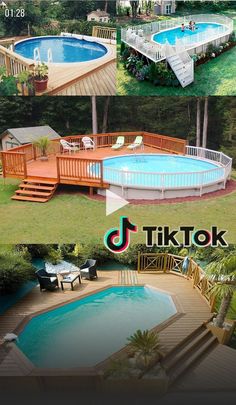 an above ground swimming pool with steps and decking