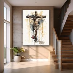 a painting on the wall of a living room with stairs and a cross in it