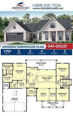 the modern farmhouse house plan is shown in two different colors and features an open floor plan with