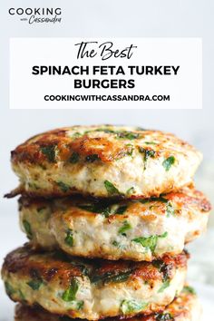 the best spinach feta turkey burgers recipe on a plate with text overlay