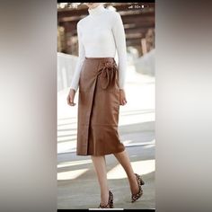 Antonio Melani Julia Genuine Leather Faux Wrap Midi Skirt Size S New With Tags $ 328 Brown Midi Skirt For Work, Brown Workwear Midi Skirt, Chic Brown Pencil Skirt For Spring, Elegant Fall Skirt With Pockets, Chic Brown Knee-length Skirt, Elegant Brown Skirt With Pockets, Brown Lined Skirt For Workwear, Brown Lined Skirt Bottoms For Workwear, Chic Business Casual Winter Skirt