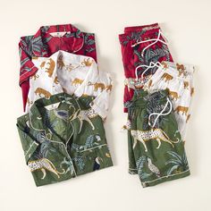 A pair of short-sleeve jungle-themed pajamas featuring big cats printed on 100% pure cotton. Four sizes and three colors to pick from. Jungle Creatures, Parents Gifts, Best Bridesmaid Gifts, Pajama Short, Uncommon Goods, Jungle Print, Print Pajamas, Pajama Sets, Short Pajama Set