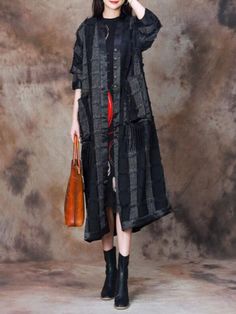 Styles: Elegant Material: Cotton Linen Clothing Length: Mid-Calf Sleeve Length: Long Sleeve Decoration: Pocket Pattern: Bicolor Season: Spring/Fall #coat #over50 #cottonlinen #plussize Spring Black Tasseled Outerwear, Black Long-sleeved Outerwear With Tassels, Black Long Sleeve Outerwear With Tassels, Calf Sleeve, Linen Clothing, Pocket Pattern, Fall Coat, Casual Jumpsuit, Loose Dress