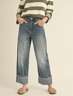 In a boyfriend fit with a vintage wash, the Winona jeans are cut to a relaxed, straight-leg fit with a high-rise waist and exaggerated cuffed hemlines. Designed in a heavy, pre-softened denim that’s perfectly distressed throughout with five pockets to finish, try these jeans with a slim tank and your favorite ankle boots or keep it easy with a tee and sneakers. 100% cotton Soft + heavy denim 5 pocket design Zipper + button closure About 1” of give SMALLwaist - 28"* / hip - 38" / length - 38" / r Summer Clearance, Cuffed Jeans, A Boyfriend, Leg Cuffs, Dress Hats, Boyfriend Fit, Pocket Design, Sweater Skirt, Denim Dress