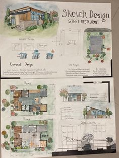 two drawings of the plans for a restaurant