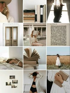 the collage shows many different pictures with books on them and one woman in a white dress