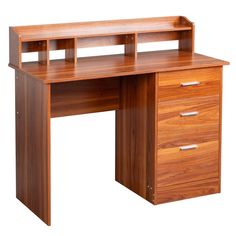 a wooden desk with two drawers on each side and an open shelf at the top