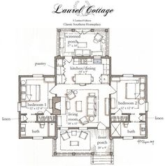 the floor plan for laurel cottage, which is located in an open concept with three separate rooms