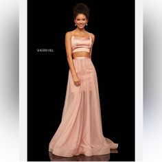 Sparkly Spaghetti Two Piece Skin Pink Prom Dress With Beading Modsele Pink Two-Piece Beaded Long Prom Dress Features Double Straps, Fitted Bodice, And Sheer Beaded Mesh. Product Details: Sku:Pd1388 Polyester Material Floor Length Size: Us 4 Fully Lined & Built With Bra Stunning Two Piece Dress! The Skirt Is Covered In Rose Colored Rhinestones And The Top Is A Soft Satin Material Last Pic Is The Lining Under The Tulle New With Tag Sh/2 Sherri Hill Two Piece, Pink Two Piece, Pink Prom Dress, Pink Prom, Sherri Hill, Satin Material, Long Prom Dress, Rose Color, Two Piece Dress