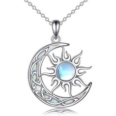 Design - Crafted With Meticulous Attention To Detail, This Sun And Moon Necklace Features A Delicate Pendant That Showcases A Mesmerizing Blend Of Celestial Elements. The Radiant Sun, With Its Intricately Carved Rays, Represents Vitality, Strength, And Life-Giving Energy. Adjacent To It, The Graceful Crescent Moon Epitomizes Tranquility, Intuition, And Feminine Power. Material -The Celestial Pendant Is Made From High-Quality Sterling Silver, Ensuring That It Is Durable And Long-Lasting. The Celtic Moon Used White Opal Gemstone To Show The Tranquil Beauty Of The Moon, While A Created Moonstone Is Used In The Sun Part To Make The Whole Pendant More Eye-Catching. Size And Details- Celtic Cr Moon Inspired Jewelry, Vtuber Reference, Moon And Sun Necklace, Eclipse Jewelry, Fantasy Pendant, Celestial Elements, Celestial Pendant, Celtic Moon, Sun And Moon Necklace