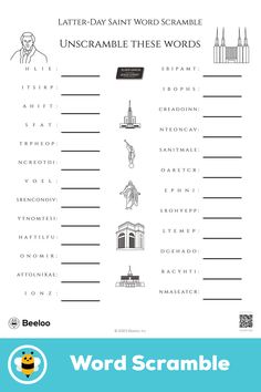 Advanced latter-day saint-themed word scramble for kids ages 10 and up Word Scramble For Kids, Crafts And Activities For Kids, Women Activities, Young Women Activities, Primary Activities, Youth Activities, Lds Primary, Word Scramble, Word Puzzles