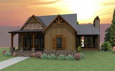 this is an artist's rendering of a small cabin style home with stone and wood accents