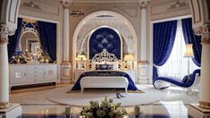 a luxurious bedroom with blue and white decor