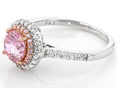 Bella Luce ® pink and white diamond simulants 2.54ctw round, platinum and Eterno™ 18k rose gold over sterling silver ring. Measures approximately 0.81"L x 0.38"W and is not sizeable. The diamond equivalent weight is 1.52ctw. Pink Diamond Ring With Halo Design, Gia Certified Pink Diamond Ring, Pink Round Cut Halo Ring In Fine Jewelry, Pink Round Cut Halo Ring, Pink Brilliant Cut Cubic Zirconia Halo Ring, Diamond Simulant, 18k Rose Gold, White Diamond, Pink And White