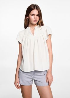 Cheesecloth cotton blouse Chic Blouse With Split Neck And Relaxed Fit, Chic Relaxed Fit Blouse With Split Neck, Chic Split Neck Blouse With Relaxed Fit, V-neck Cotton Blouse, Cotton V-neck Blouse, Chic V-neck Cotton Tops, Casual Cotton Blouse With Split Neck, Cotton Split Neck Top For Summer, Casual Split Neck Cotton Blouse