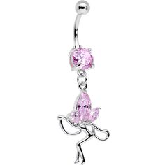 14 Gauge (1.6mm), 7/16" (11mm), Cubic Zirconia, 316L Surgical Grade Stainless Steel Curved Barbell, 5mm Ball Sparkling and lovely, this meadow fairy dangle belly button ring will give your look a touch of magic. Pink cubic zirconia accents glimmer on the fairy dangle charm below the stainless steel curved barbell. Belly Piercing Jewelry, Navel Jewelry, Dangle Belly Rings, Belly Piercing, Belly Button Ring, Belly Button Piercing, Navel Rings, Button Ring, Belly Ring