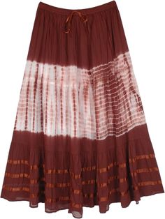 A skirt with a distinct style for this summer due to its white tie dye offset and ribbon details that add a unique character to the overall look.  This three panel skirt is made of 100% soft cotton with matching ribbons at the waistband and at the bottom. #tlb #MaxiSkirt #vacationclothing #beachwrap #TieDye #bohemianfashion #BrownSkirt #VacationSkirt #BeachSkirt #Ribbon Brown Cotton Summer Skirt, Summer Cotton Brown Skirt, Spring Tie-dye Tiered Skirt, White Hippie Skirt For Spring, Tie Dye Tiered Skirt For Summer, Brown Cotton Flowy Skirt, Flowy Cotton Brown Skirt, Brown Flowy Cotton Skirt, Cotton Tie Dye Skirt For Summer