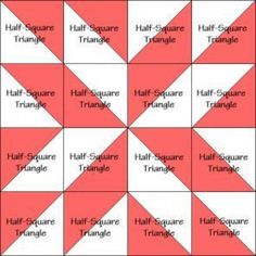 a red and white quilt with the words half square triangle, half square triangle, half square triangle