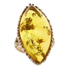 Amber Extraordinaire Goldtone Marquise Amber Ring  A marquise-cut amber solitaire in your choice of glistening colors, makes this bold ring design a gorgeous addition to any jewelry collection.       Approx. 1-5/16"L x 3/4"W x 9/16"H; shank 9/16"W     Goldtone; anti-tarnish finish     Ring has marquise-shaped amber solitaire in textured prongs/frame     Split, tapered shoulders have bark-like texture   Stone Information       All sizes and weights approximate     Honey Amber - Marquise (32x16mm) Elegant Yellow Marquise Jewelry, Yellow Marquise Fine Jewelry, Elegant Yellow Marquise Cut Jewelry, Cabochon Marquise Jewelry For Wedding, Marquise Cabochon Jewelry For Wedding, Honey Ombre, Texture Stone, Baltic Amber Jewelry, Bold Rings