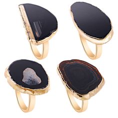 three rings with black agate stone and gold platings on each one side