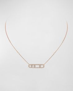 "Find MESSIKA Move Classic 18k Rose Gold Diamond Pave Necklace on Editorialist. Move pendant necklace from Messika. Polished 18karat pink gold hardware. Integrated diamond pavé oval pendant. Three round bezelset diamonds. 0.65 total diamond carat weight. Adjustable; lobster clasp. Chain approx. 17.7\"L." Messika Jewelry Necklaces, Exquisite Rose Gold Necklaces With Diamond Accents, Everyday Luxury Rose Gold Clavicle Chain Necklace, Rose Gold Clavicle Chain Necklace For Everyday Luxury, Luxury Rose Gold Diamond Necklace For Formal Events, Everyday Luxury Rose Gold Diamond Necklace, Luxury Rose Gold Diamond Necklace, Luxury Oval Rose Gold Necklace, Luxury Rose Gold Oval Necklace