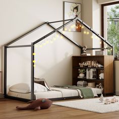 Metal Twin Size House Bed Frame with Shelves and Lights