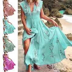 New Women Summer Boho Long Maxi Beach Dress Ladies Evening Party Floral Sundress | eBay Printed Beach Dresses, Boho Chique, Maxi Robes, Vestidos Vintage, Dresses Elegant, Linnet, Basic Outfits, Beach Summer, Printed Maxi