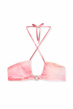 Cross Front Bikini Top Pink Adjustable Halter Top For Swimming, Pink Strappy Tie-back Swimwear, Adjustable Pink Halter Top For Poolside, Pink Strappy Halter Top For Beach, Strappy Pink Halter Top For The Beach, Pink Adjustable Strappy Swimwear, Pink Triangle Halter Top With Tie Back, Pink Adjustable Halter Top For The Beach, Adjustable Pink Halter Top For The Beach