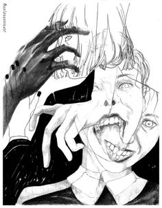 a black and white drawing of a person holding their hand up to the face of another person's head