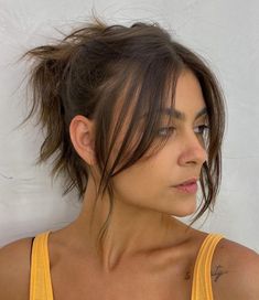 Messy Updo with Long Curtain Bangs Long Curtain Bangs, Short Ponytail, Bangs With Medium Hair, Long Hair With Bangs, Long Layered Hair, Long Straight Hair, Curtain Bangs, Long Hair Cuts, Medium Length Hair Cuts