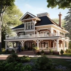 an artist's rendering of a large house in the middle of some trees and bushes