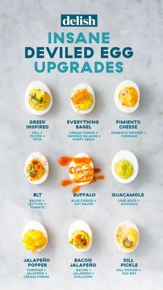 an advertisement for delish's instant deviled egg upgrades is shown here