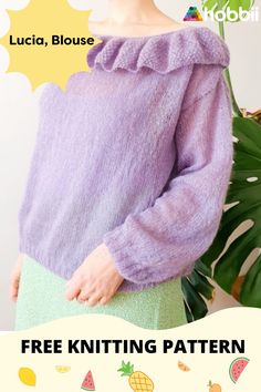 a woman wearing a purple sweater and green skirt with text overlay that reads free knitting pattern lucia - blouse