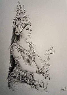 a pencil drawing of a woman holding a flower