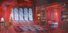 a drawing of a room with red curtains and bookshelves on the walls,