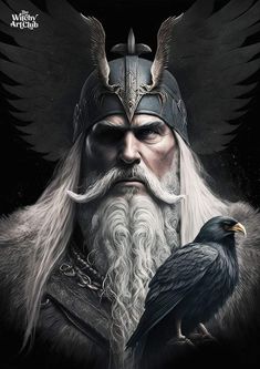 a man with long white hair wearing a helmet and holding a black bird