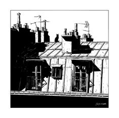 a black and white drawing of rooftops with windows in the foreground, against a gray sky