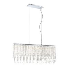 a rectangular chandelier with crystal beads hanging from the ceiling