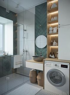 a washer and dryer in a bathroom with green tiles on the walls, along with other accessories