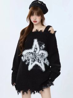 ❤︎American Retro Lazy Star Off-Shoulder Ripped Knit❤︎ Star Sweater, Vintage Plush, Gift Of Time, Weird Art, Stage Outfits, Art Stuff, Womens Fall, Types Of Fashion Styles, Autumn And Winter