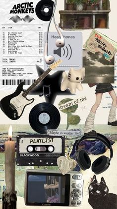 a collage of various items including an old record player, tape recorder and other things