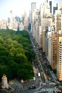 an aerial view of a city street with tall buildings and trees in the foreground