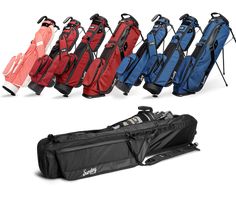 various types of golf bags lined up next to each other