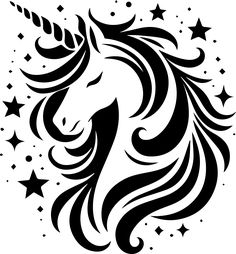 a black and white unicorn's head with stars